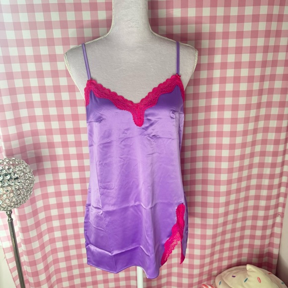 Victorias Secret Tease π NWT Purple Satin + Pink Lace Slip nightgown π - Picture 4 of 5
